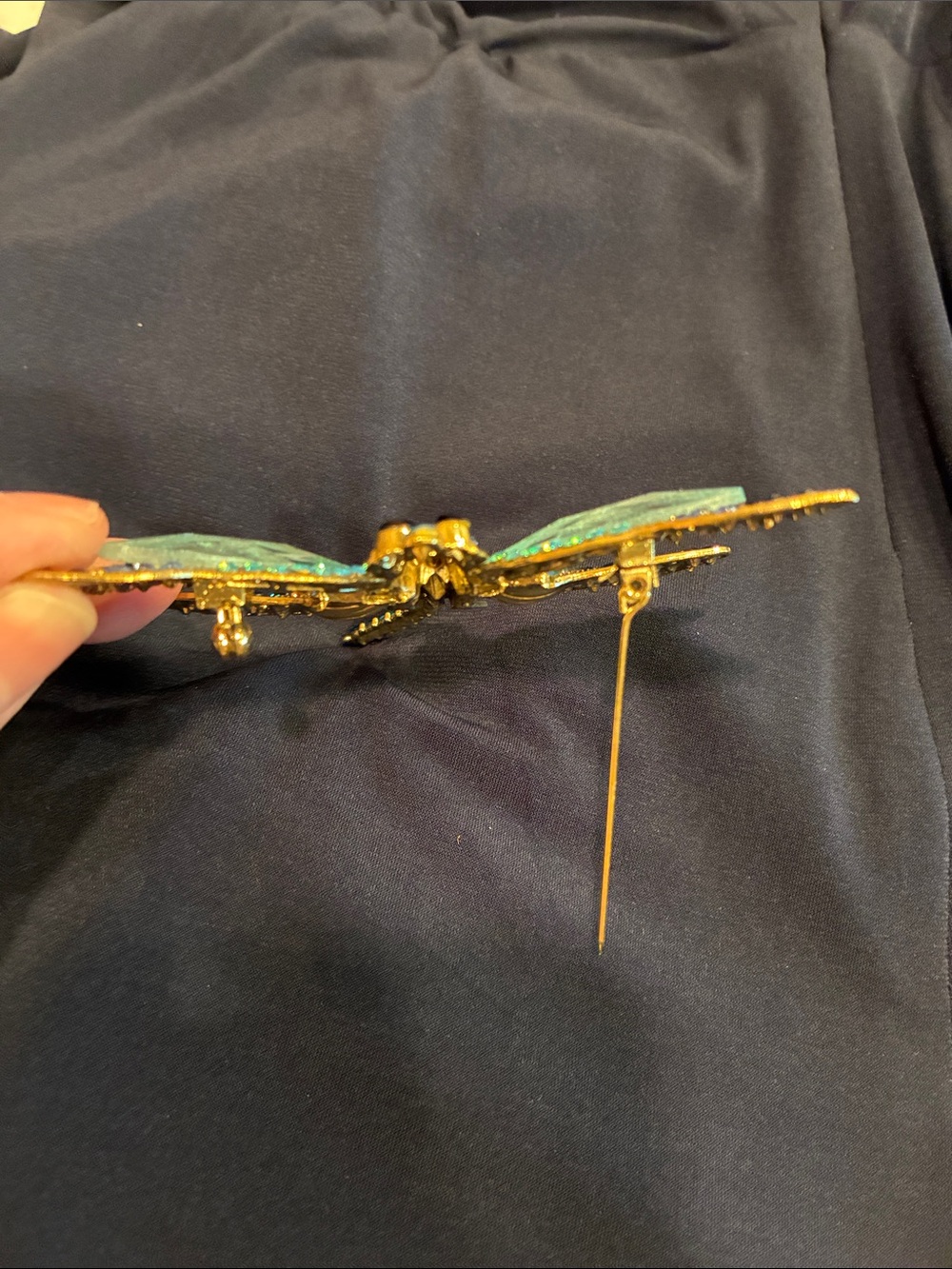 Large Blue Dragonfly Brooch - Rhinestone and Crystal and Gold Tones (ABBA) - Picture 10 of 16